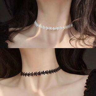 小花朵蕾丝choker颈链女黑色白色简约百搭短款锁骨链项圈chocker