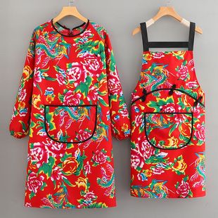 围裙厨房做饭防污家用上班工作服民族风罩衣套装 新款 东北大花长袖