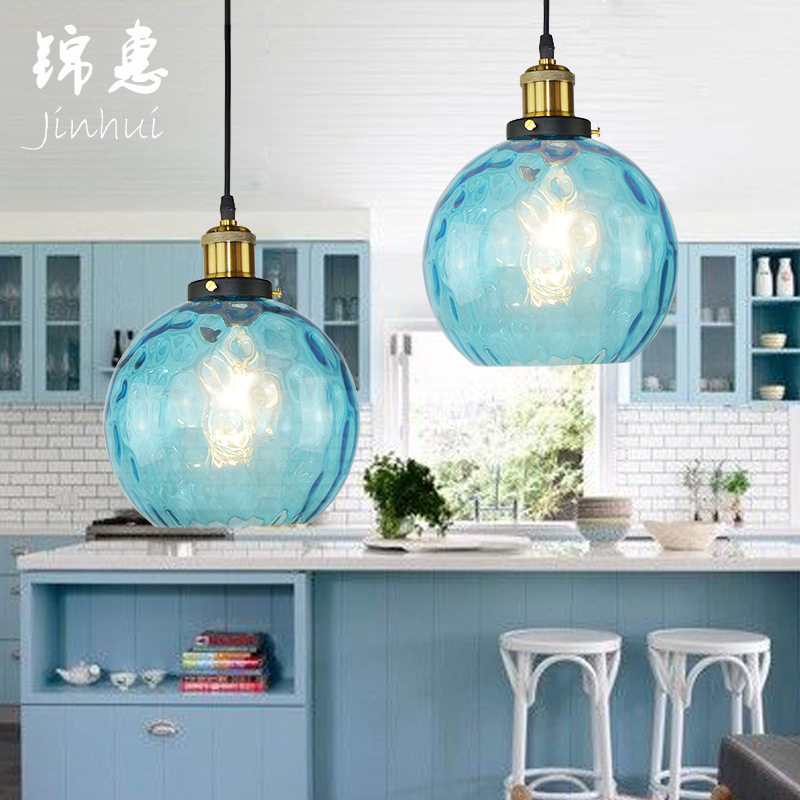 北欧创意水纹玻璃圆球吊灯餐厅吧台咖啡厅卧室床头灯酒店水蓝吊灯