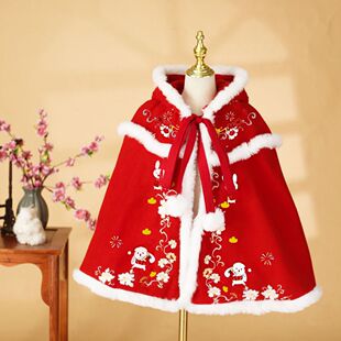 汉服女童冬季兔子刺绣披风斗篷儿童加厚中国风古装唐装披肩拜年服