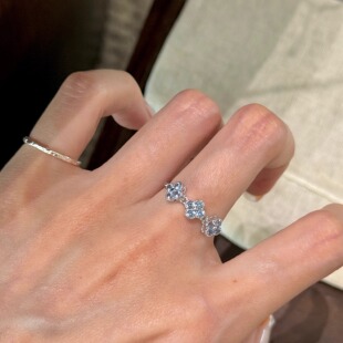 S925通体纯银抽拉戒指万花筒四叶草戒指高级感蓝钻戒指