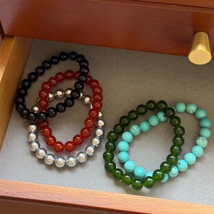 黑玛瑙手链红玛瑙灰珍珠串珠手串女款大珠子绿色蓝色松石简约百搭