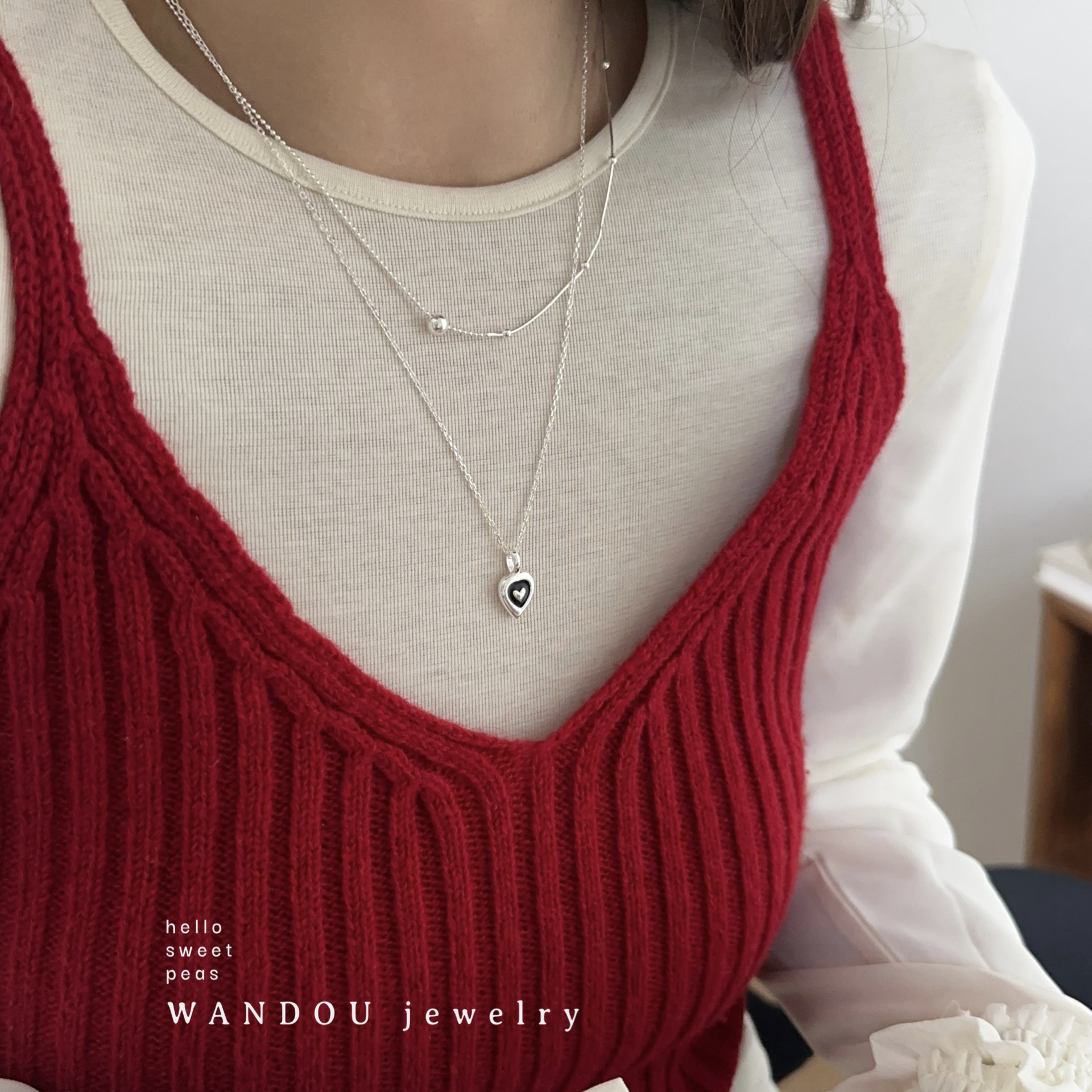 925纯银滴釉爱心项链女蛇骨链圆珠拼接锁骨链2024新款叠戴百搭