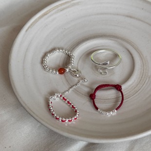 蛇年新年氛围S925纯银碎银子红色编织戒指女2024新款新中式设计感