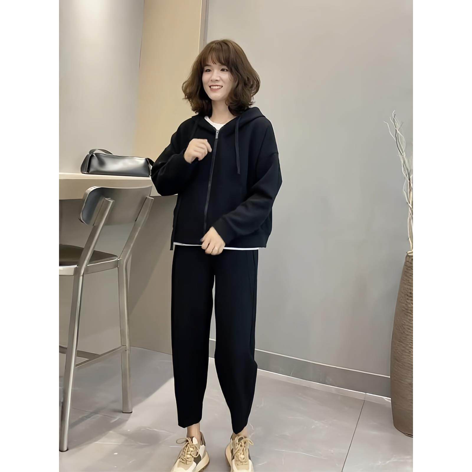 JOYIASS流行套装女秋季黑色休闲运动连帽卫衣新款小个子盐系穿搭