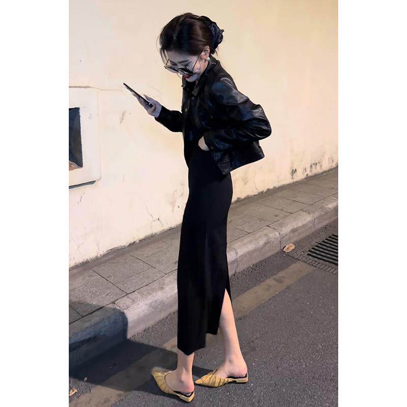 JOYIASS清冷贵气感穿搭小个子休闲黑色短款皮衣外套半身裙套装女2