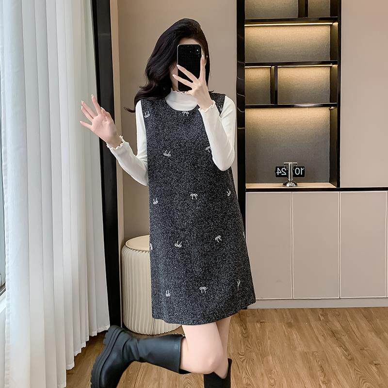 RIERA小香风毛呢背心裙套装女秋冬高级感休闲无袖直筒刺绣连衣裙
