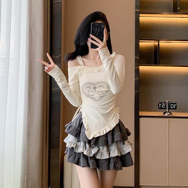 RIERA纯欲甜辣套装裙女秋装茶系搭配一整套辣妹米色上衣蛋糕短裙