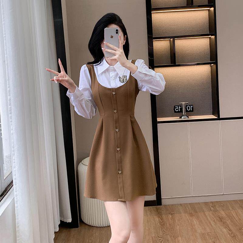 RIERA假两件衬衣领拼接长袖连衣裙女装早秋学院风设计感小众美式