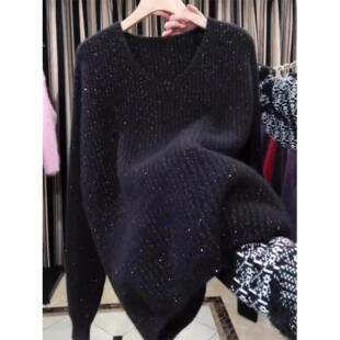 JOYIASS今年流行欧货重工细闪亮片紫色v领毛衣女秋冬新款超好看针