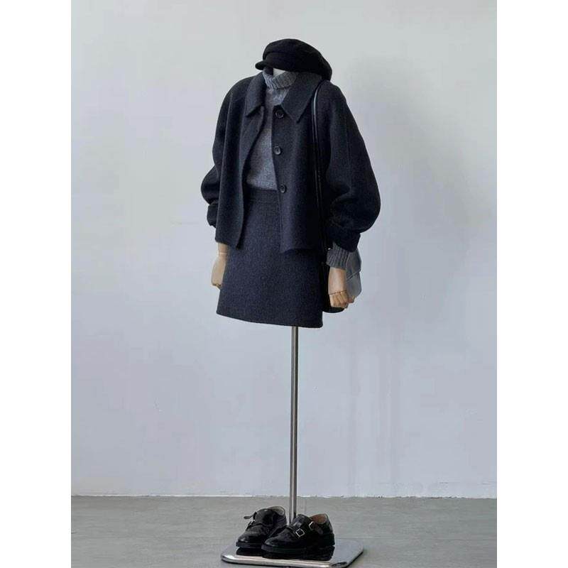 JOYIASS高级感黑色套装女秋冬新款小个子外套打底衫显瘦半身裙三