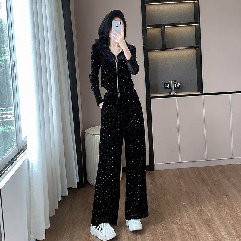 RIERA休闲秋冬运动套装女时尚减龄洋气丝绒烫钻连帽开衫阔腿长裤