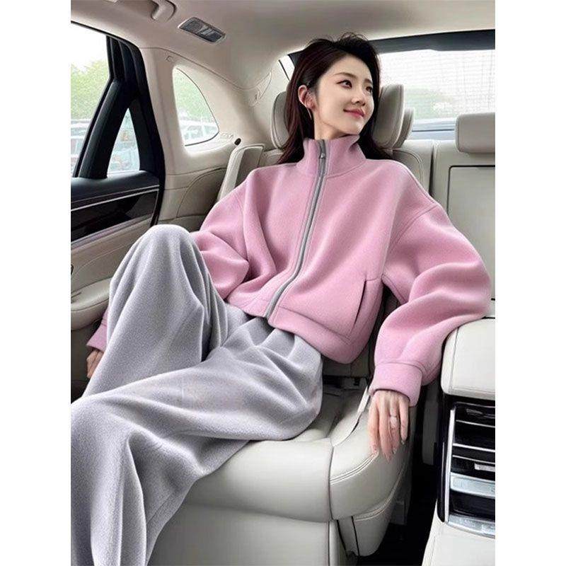 JOYIASS小个子显高穿搭又a又飒2025秋冬粉色外套阔腿裤休闲韩里韩