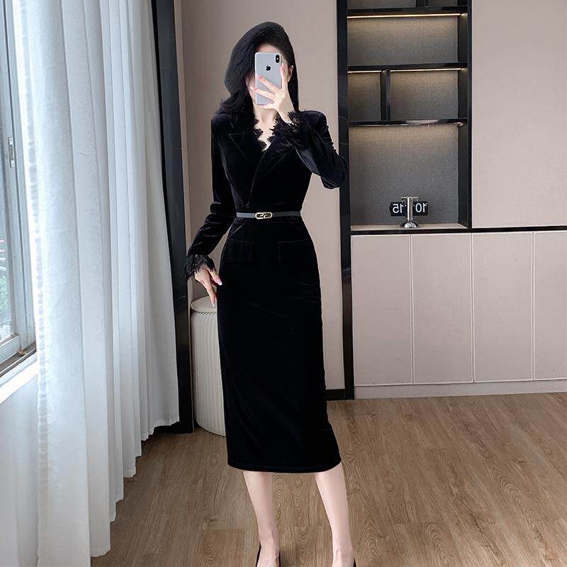 RIERA长袖高端精致职业连衣裙女秋冬气质名媛西装V领金丝绒拼接包