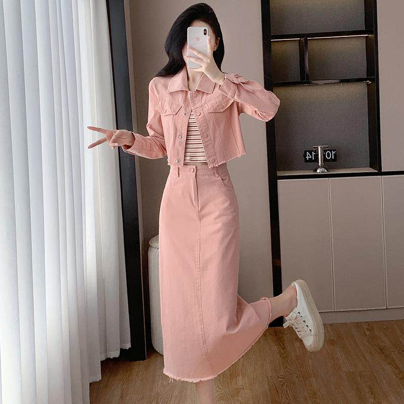 RIERA粉色长袖衬衣外套配吊带半身裙女秋冬炸街减龄工装休闲三件