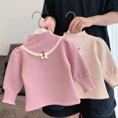 女童冬季 女宝宝保暖上衣 半高领一体绒套头衫 加绒打底衫 百搭儿童装