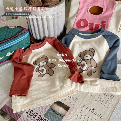 软糯感~春秋新品韩版儿童卡通拼色长袖T恤男女宝宝宽松上衣