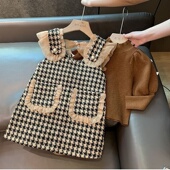 2026秋季 马甲 毛衣套装 新款 女童甜美千鸟格小香风背心裙针织泡泡袖