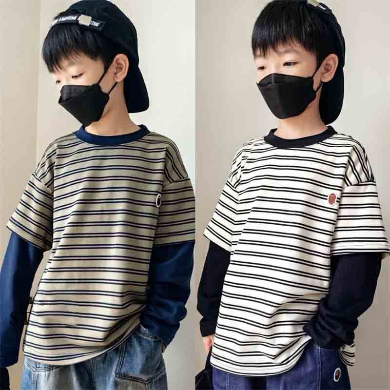 日本潮牌bapekids秋季男女中大儿童装条纹假两件毛圈休闲长袖T恤