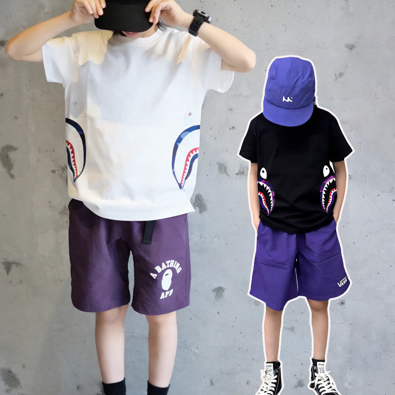 日本潮牌bapekids夏季男女中大儿童装鲨鱼印花短袖t恤休闲上衣