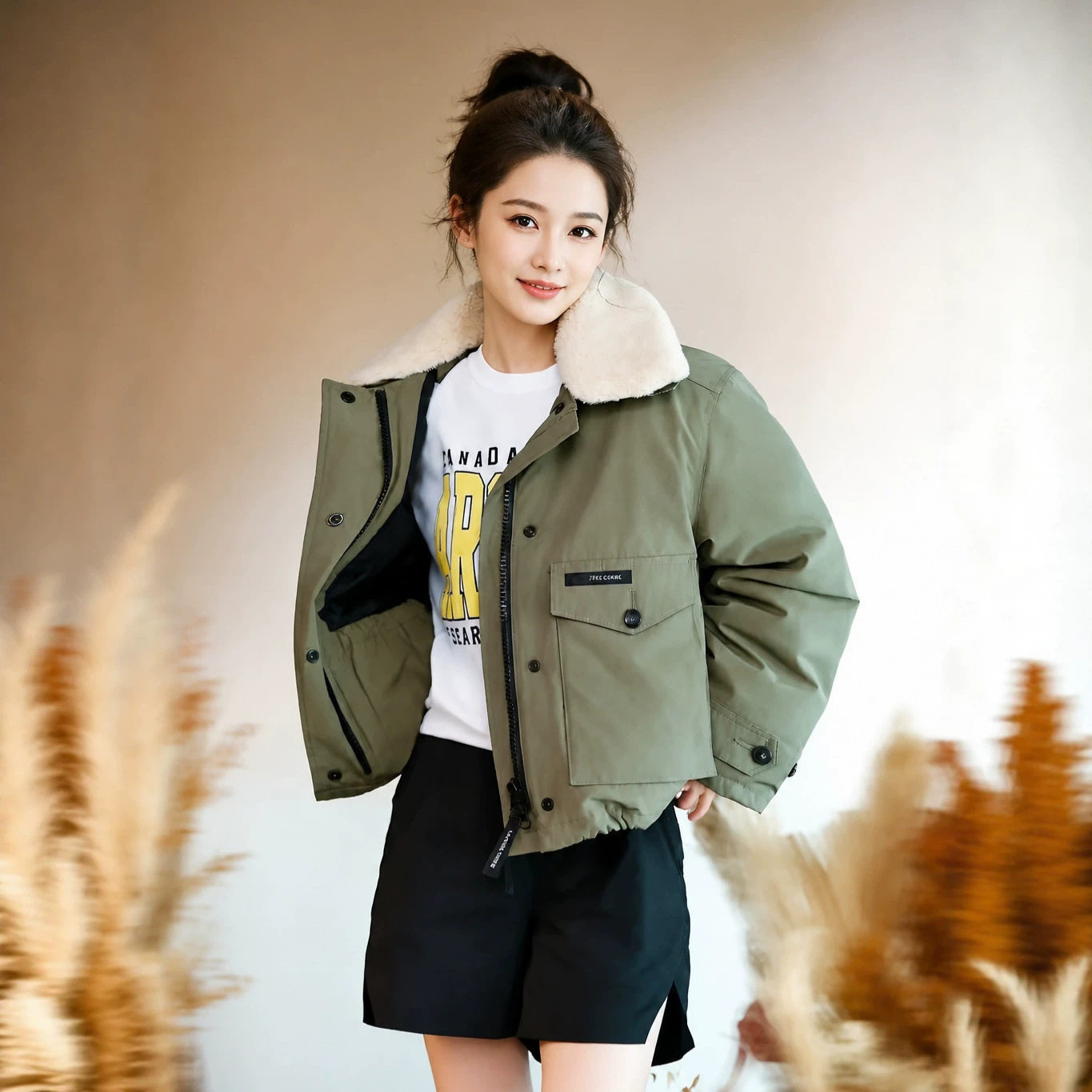 军绿色羊羔毛翻领短款工装棉服外套女2026冬夹棉加厚口袋工装夹克