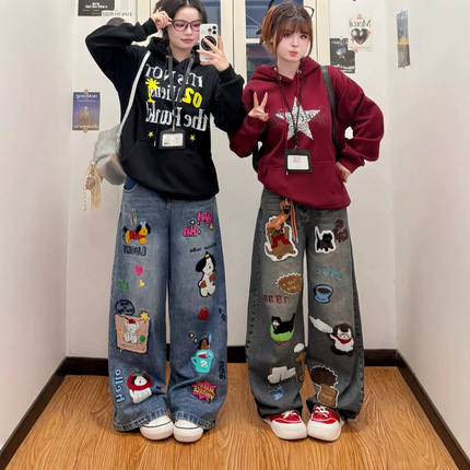 Plus-Size American Retro Patchwork Embroidery Design Straight-Leg Jeans, New High-Street Style Loose Wide-Leg Pants