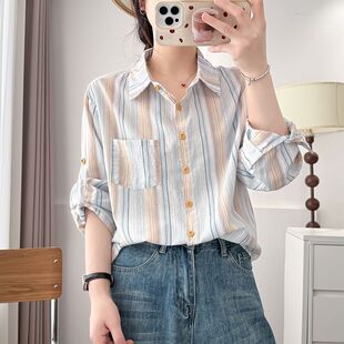 简约气质随意慵懒风小众时尚条纹女士衬衫纯棉舒适休闲夏天防晒衣