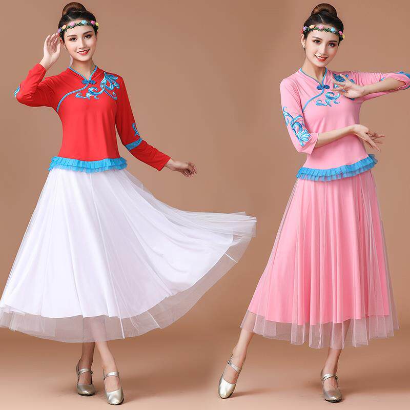 广场舞服装女藏舞古典民族舞大摆裙中老年长袖舞蹈服长裙大红新款