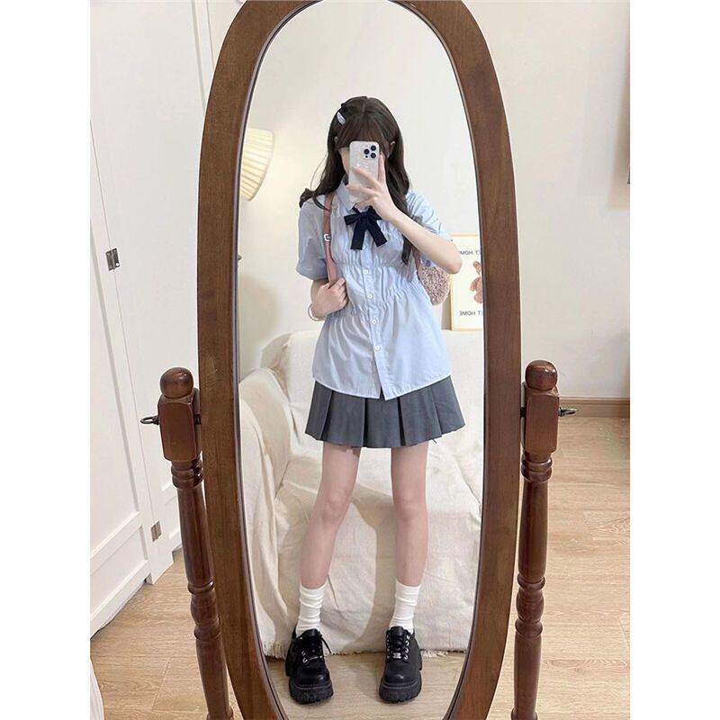 蓝色短袖衬衫女夏季少女polo领薄款衬衣宽松减龄学院风外穿衬衣潮