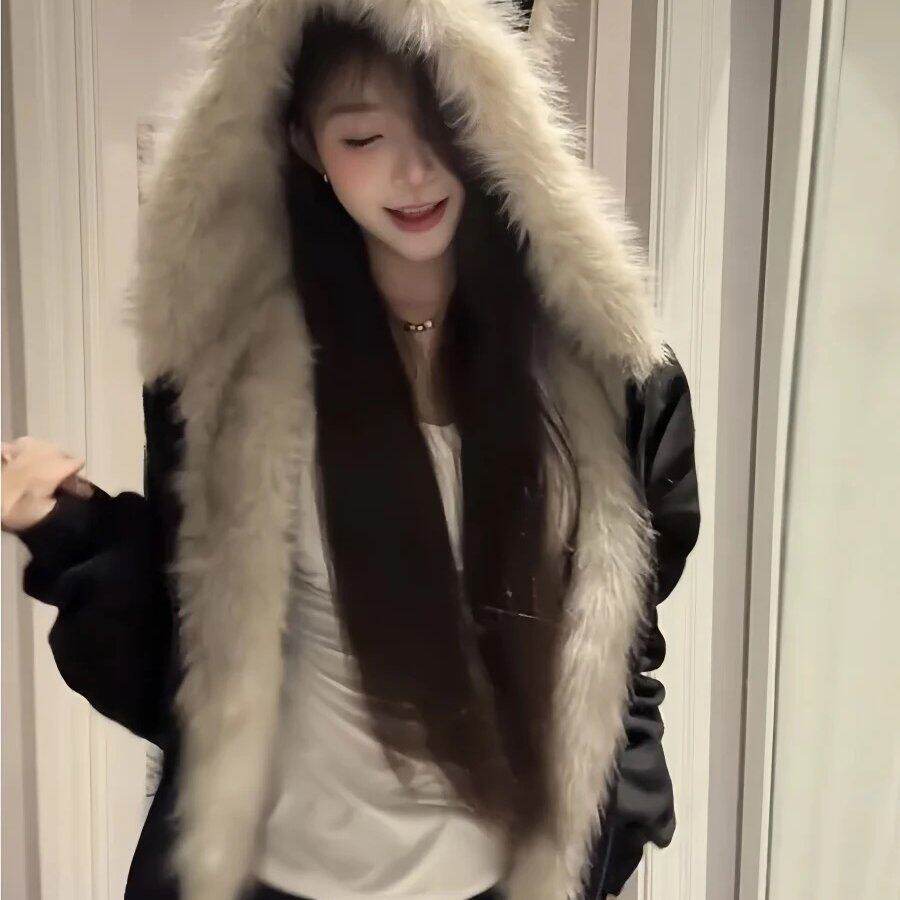 黑色毛领座山雕猫耳朵连帽外套男女2025冬季加绒加厚情侣棉衣棉服