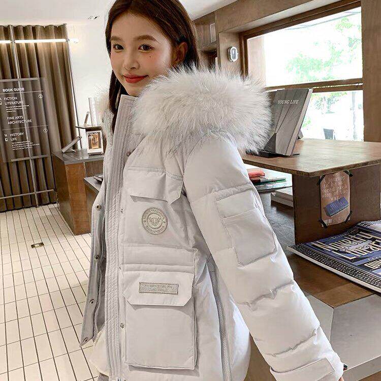 2025丹麦之冬极寒女短款加厚大毛领粉色工装派克服韩版羽绒棉服女