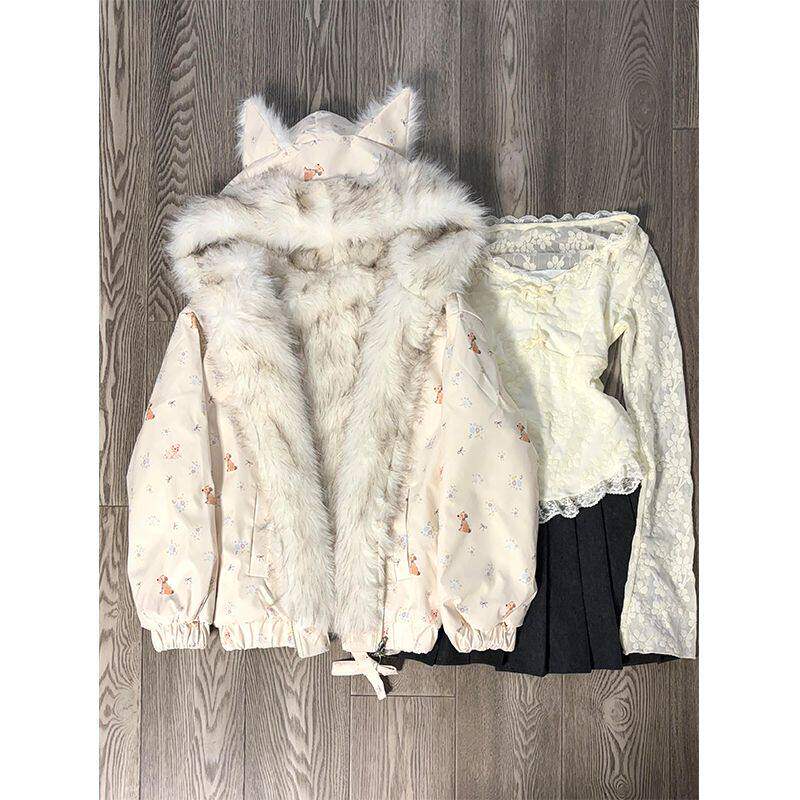 复古物满印座山雕毛领棉服女冬季新款设计感猫耳朵拉链外套潮