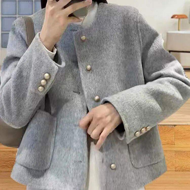 新款小香风外套圆领单排扣双面呢子大衣女设计感小个子呢子上衣