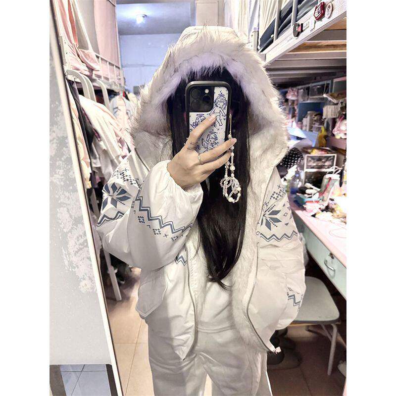 小众慵懒风高级感毛毛连帽羽绒棉服冬季保暖时尚费尔岛棉衣外套