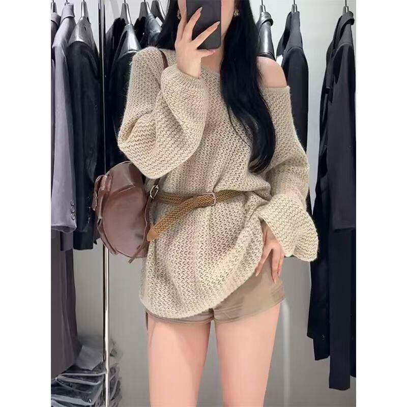 【配腰带】慵懒风镂空一字肩套头毛衣女秋冬季穿搭中长款露肩针织