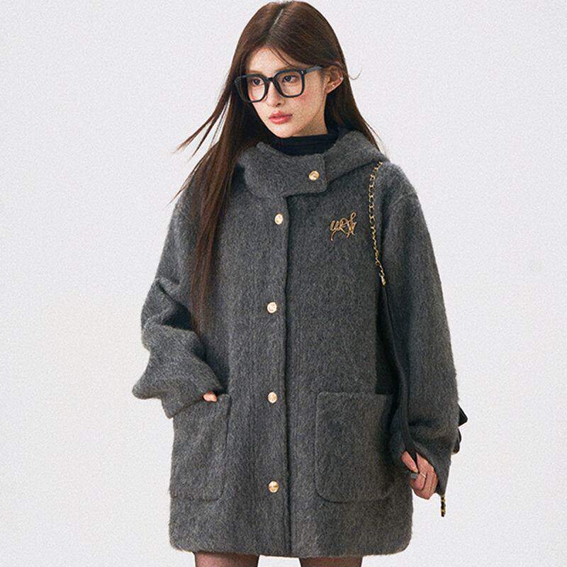 慵懒风连帽毛呢外套女装秋冬季新款复古高级感中长款加厚呢子大衣