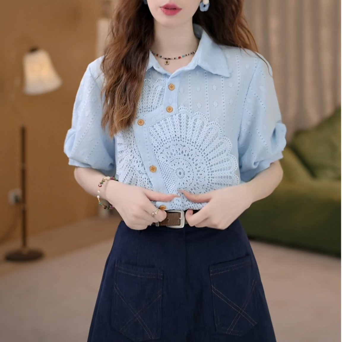 复古港风设计款上衣短袖提花百搭衬衫复古蕾丝拼接百搭夏季衬衣