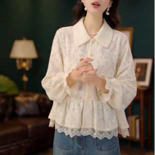 宽松上衣港风复古设计感镂空娃娃衫 女时尚 宫廷风拼接蕾丝 衬衫 长袖
