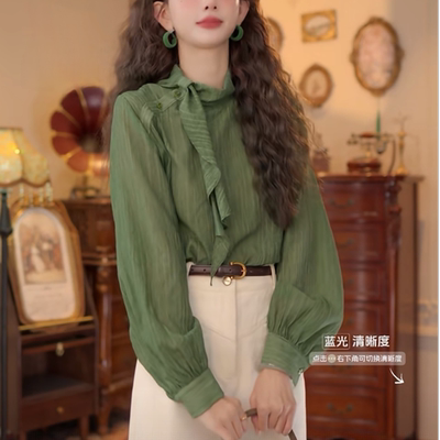 港风复古条纹衬衣绑带上衣