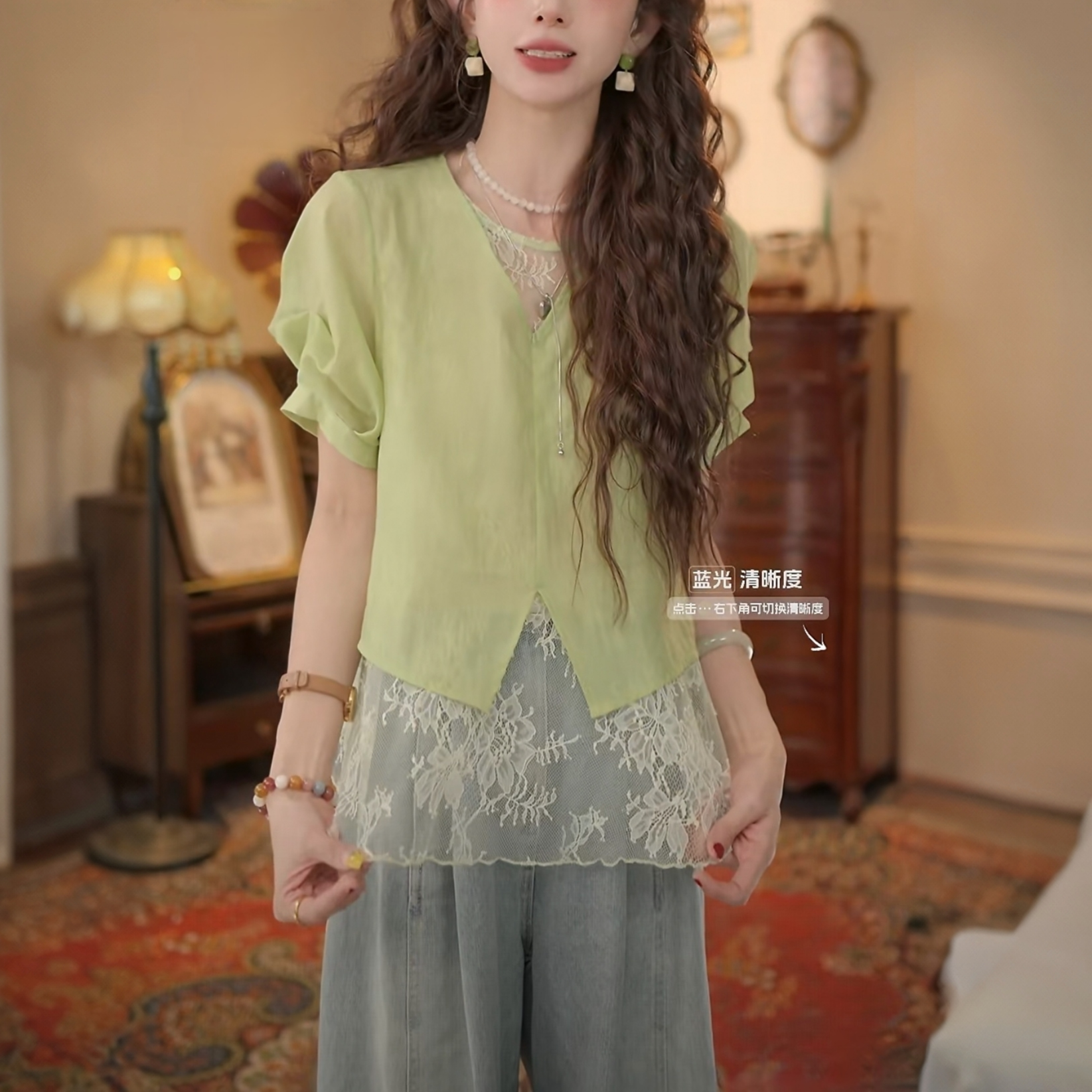 复古短袖衬衫女款蕾丝拼接设计感百搭薄款上衣