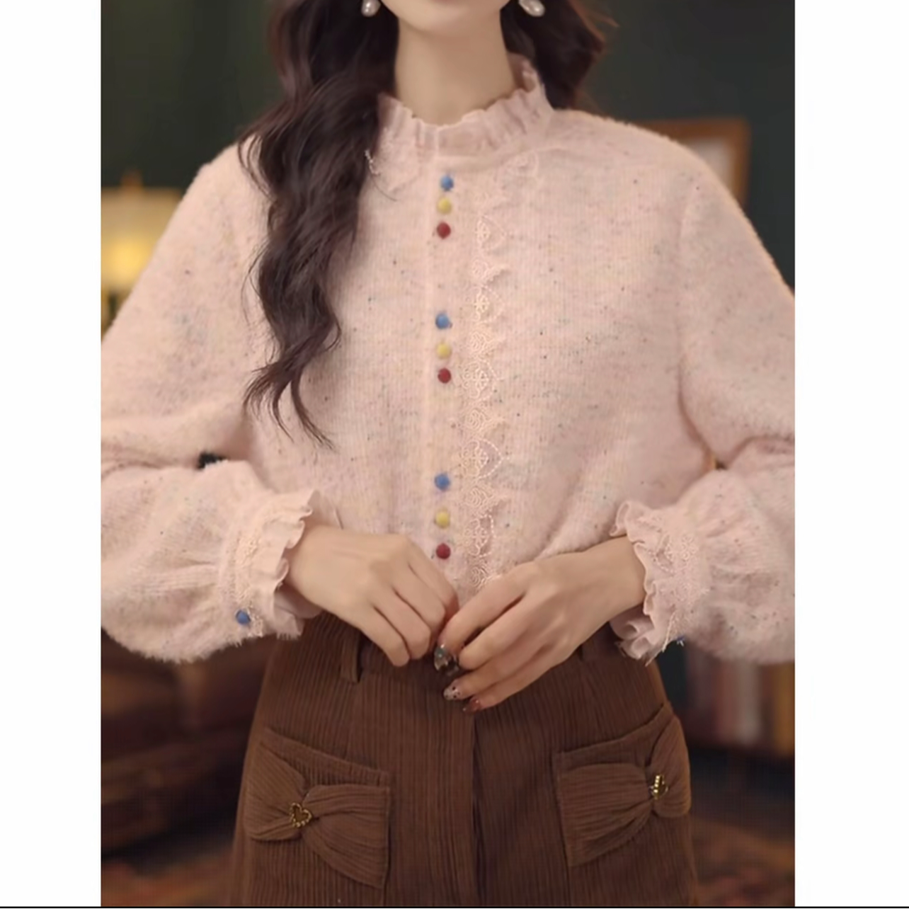 冬季设计感彩色扣子秋冬百搭衬衫上衣超好看花边领粉色衬衫女