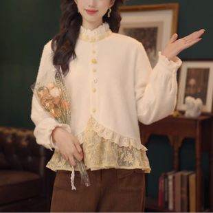 复古港风秋冬上衣女厚款休闲百搭衬衫衣刺绣装饰百搭衬衣