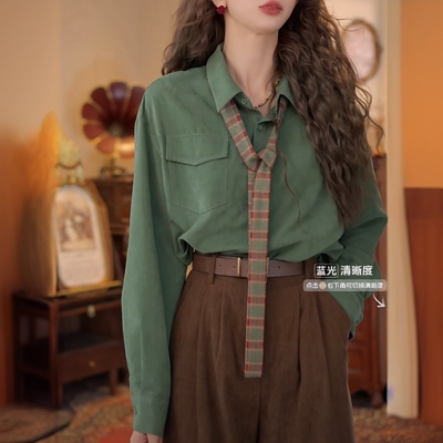 港风复古纯色气质长袖百搭宽松衬衫百搭通勤上衣