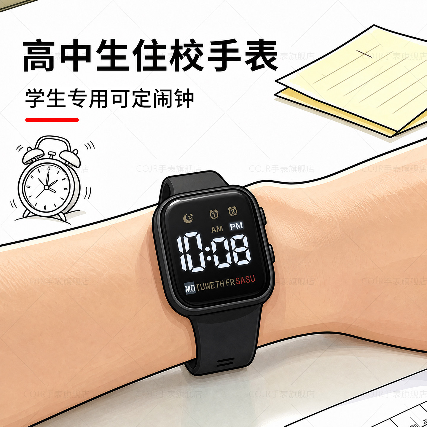 住校闹钟手表男款适合初中学生高中生手环专用只看时间儿童电子表