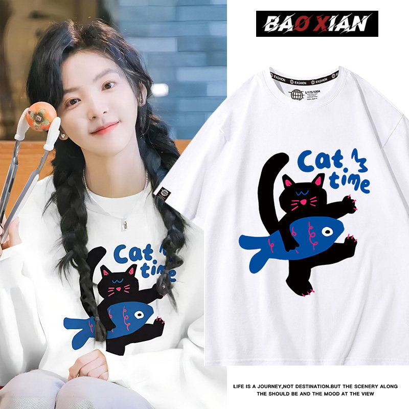 章若楠ins女T恤短袖夏季猫咪与鱼韩版衣服巨好看透气兔子宽松半袖