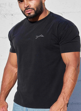 YLA短袖男健身紧身修身T恤弹力圆领水洗纯棉刺绣透气排汗夏季