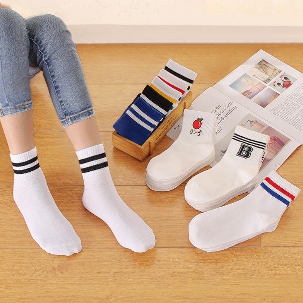 可497中筒袜日系两条杠学院风女网红运动袜ins潮条纹白色二杠袜