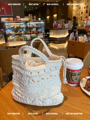 KK毛线屋 进口灌心空心闪光棉线钩针手提材料包 发带米白色编织