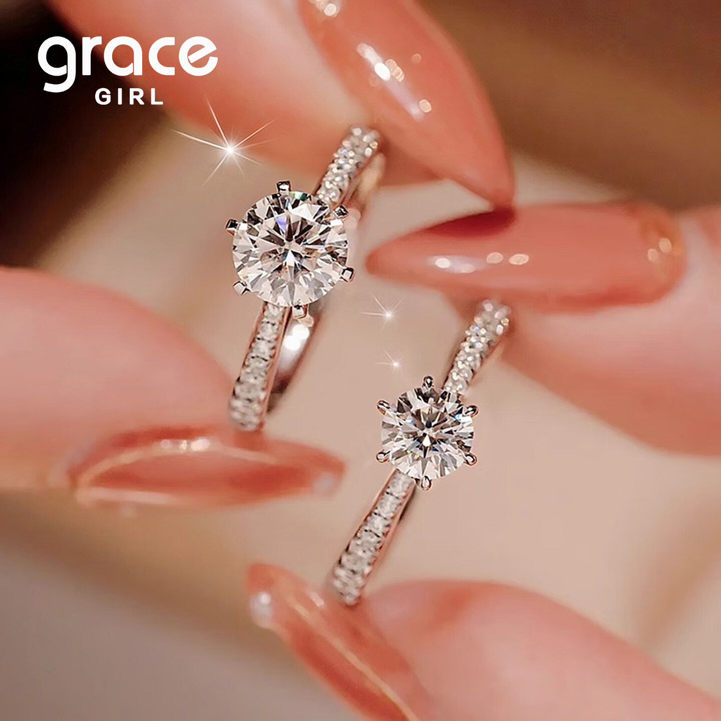 Grace Girl培育钻石一克拉六爪人工人造钻石戒指女告白求婚钻戒