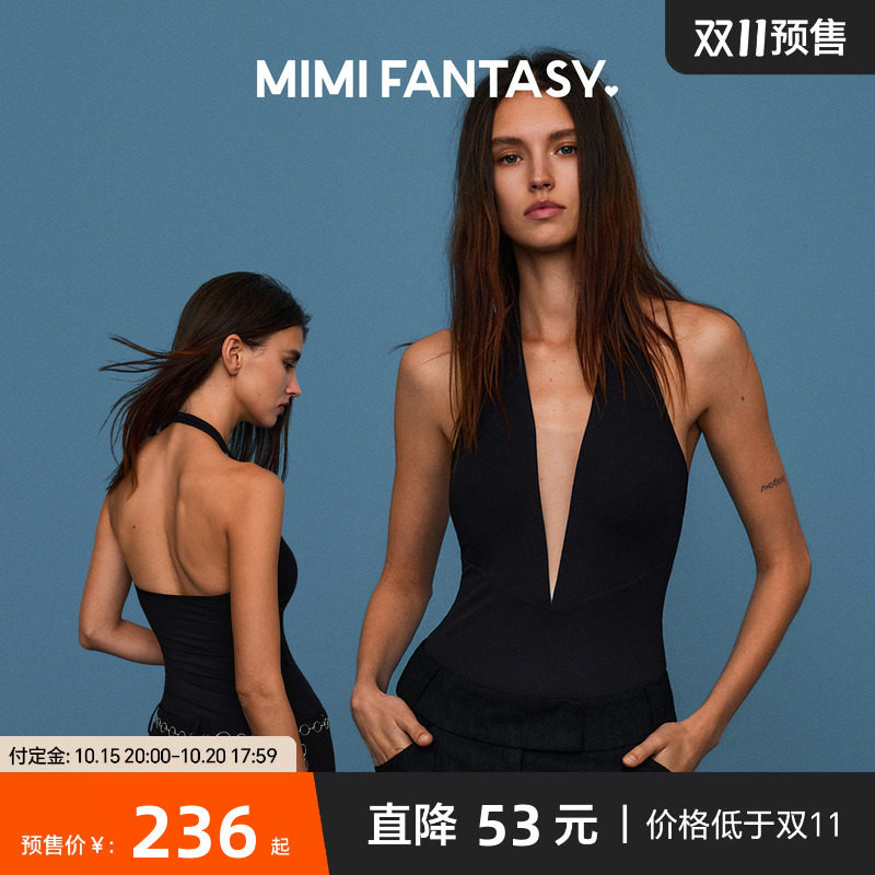 MIMI FANTASY性感挂脖深V镂空连体衣 收腰显瘦高弹带胸垫露背上衣